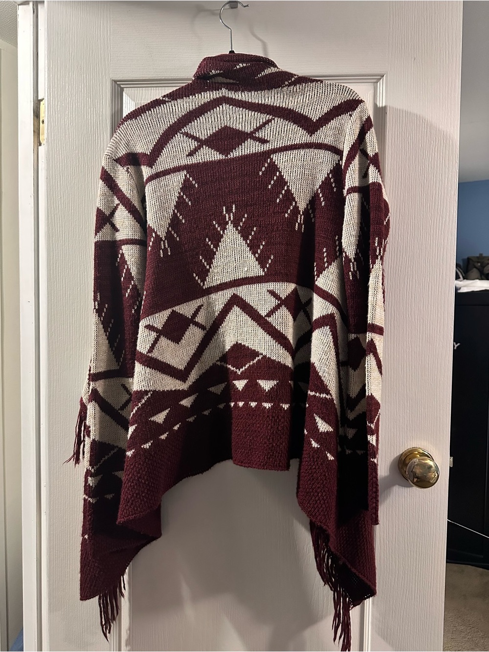 miami Burgundy and Cream Aztec Knit Fringe Poncho Sweater